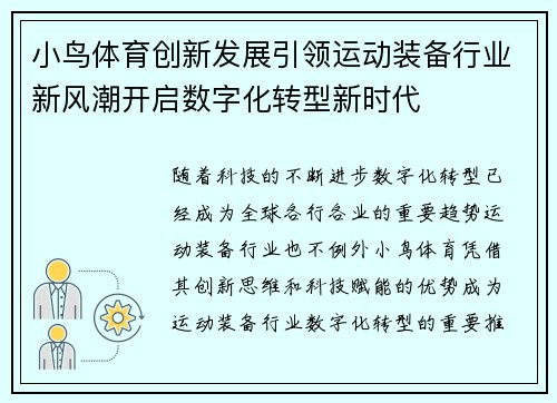 小鸟体育创新发展引领运动装备行业新风潮开启数字化转型新时代
